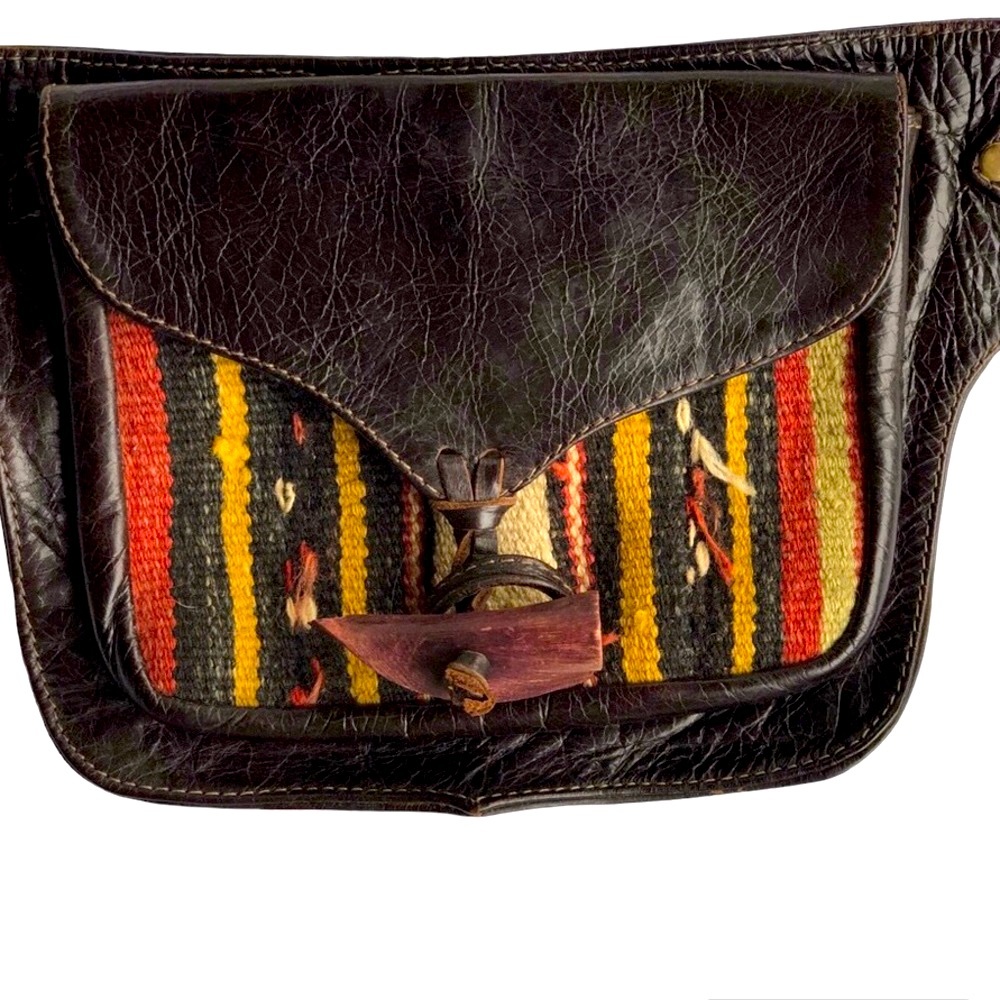 Calleen Cordero Cracked Brown Leather Belt Bag with Upcycled Vintage Kilim